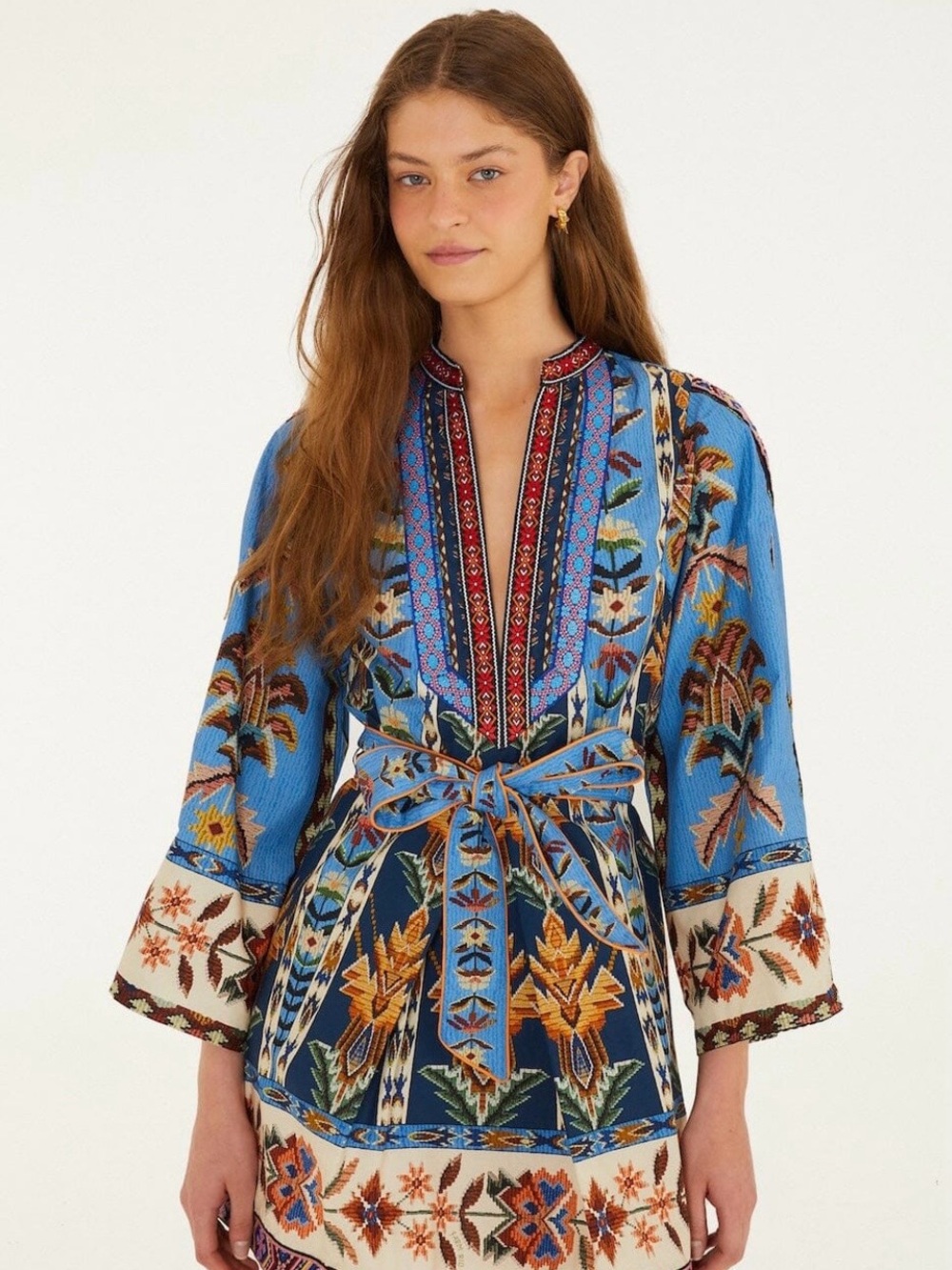FARM Rio Embroidered Tapestry Blue Mini Dress M NWT - Picture 2 of 5